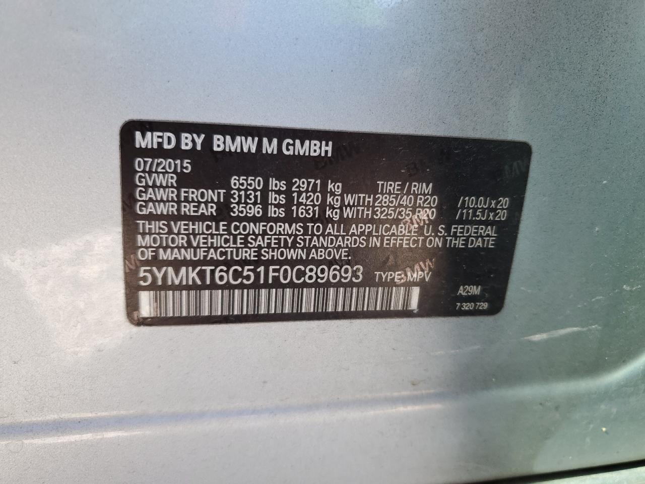 2015 BMW X5 M VIN: 5YMKT6C51F0C89693 Lot: 84465035