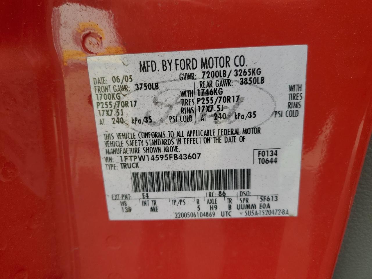 2005 Ford F150 Supercrew VIN: 1FTPW14595FB43607 Lot: 91115415