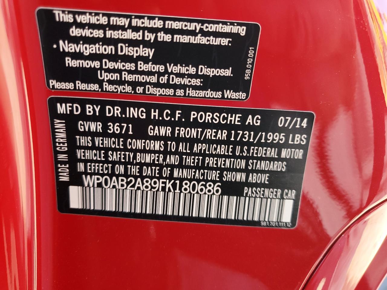 2015 Porsche Cayman S VIN: WP0AB2A89FK180686 Lot: 84760595