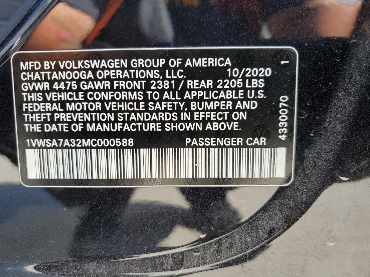 2021 Volkswagen Passat Se VIN: 1VWSA7A32MC000588 Lot: 86081175