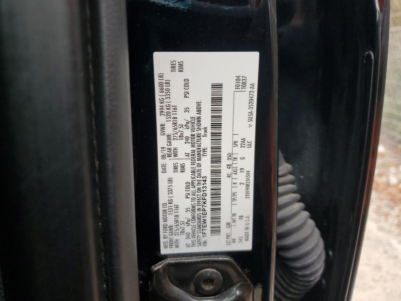 2019 Ford F150 Supercrew VIN: 1FTEW1EP7KFD13143 Lot: 86654565