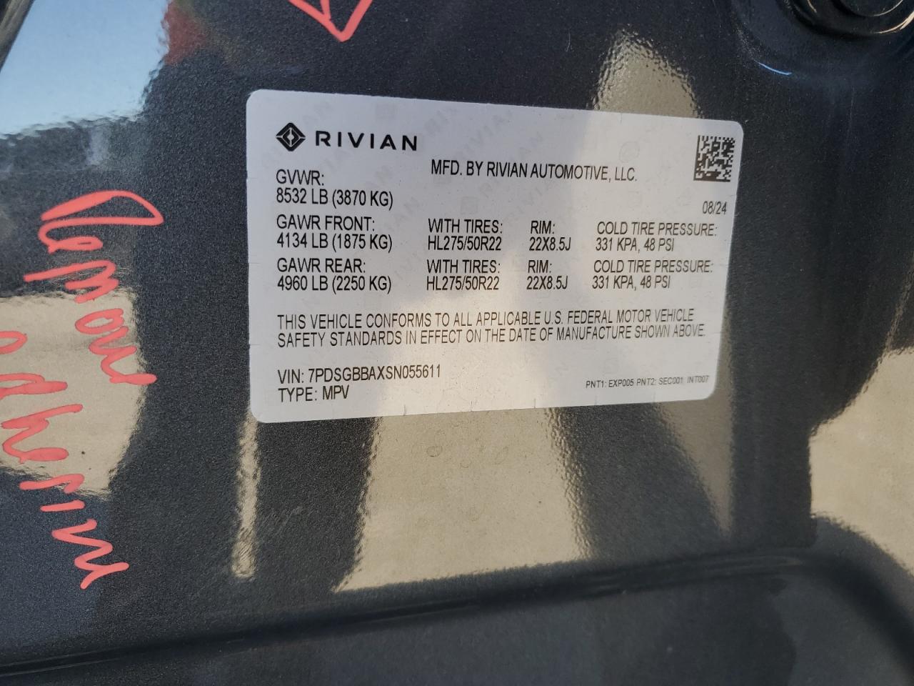 2025 Rivian R1S Adventure VIN: 7PDSGBBAXSN055611 Lot: 85348445