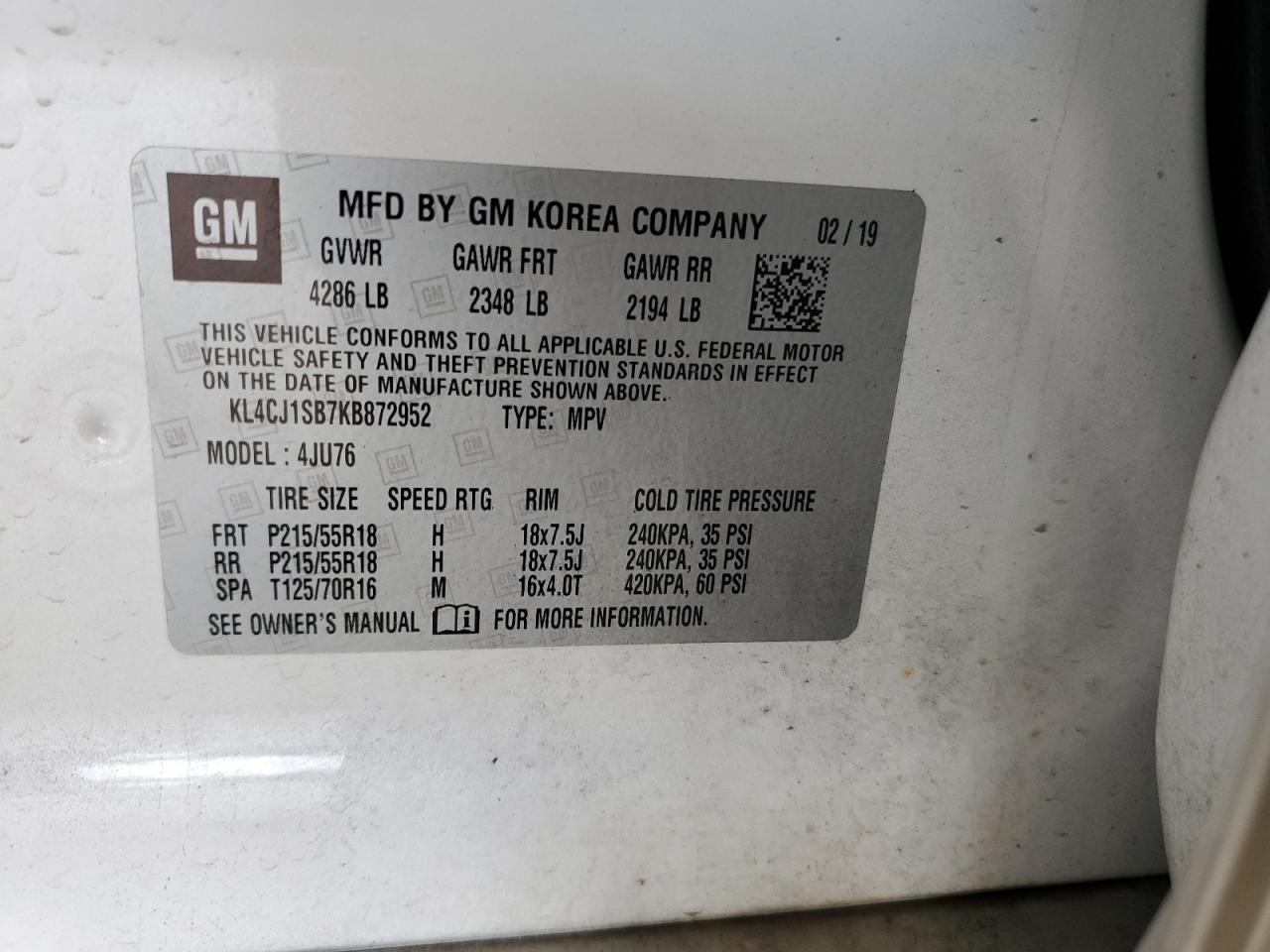 2019 Buick Encore Sport Touring VIN: KL4CJ1SB7KB872952 Lot: 89713565