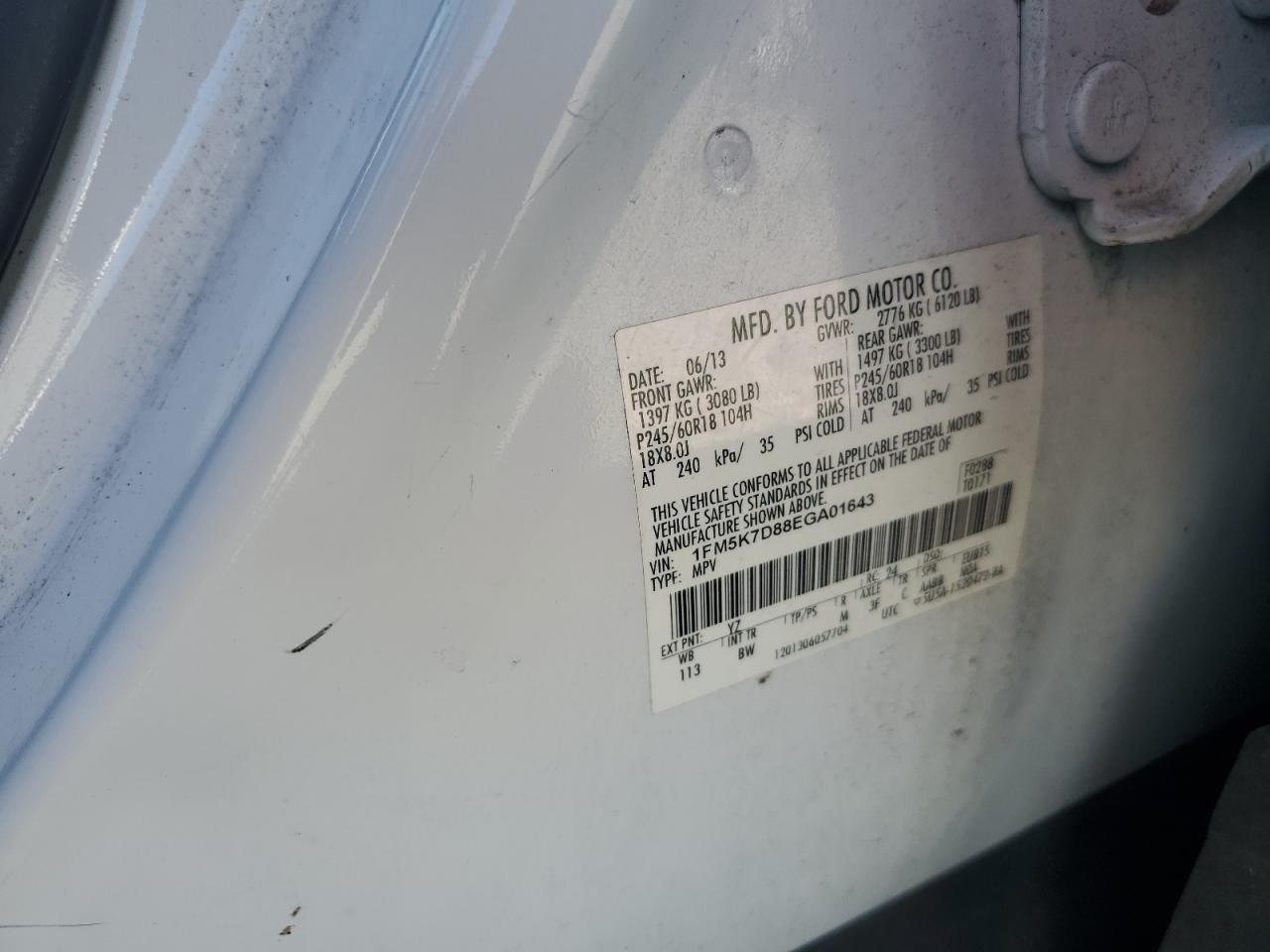 2014 Ford Explorer Xlt VIN: 1FM5K7D88EGA01643 Lot: 85390485