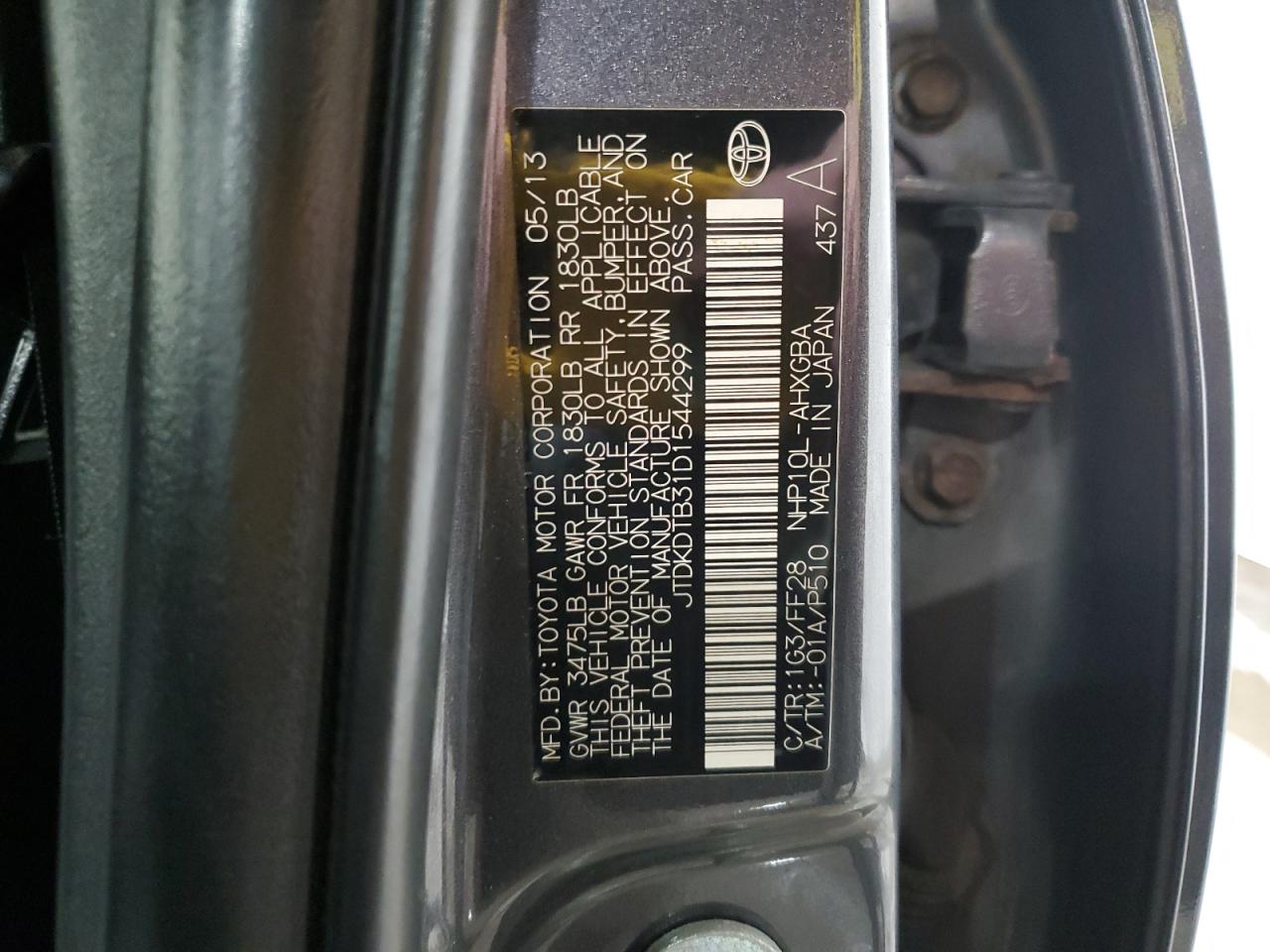 2013 Toyota Prius C VIN: JTDKDTB31D1544299 Lot: 86406555