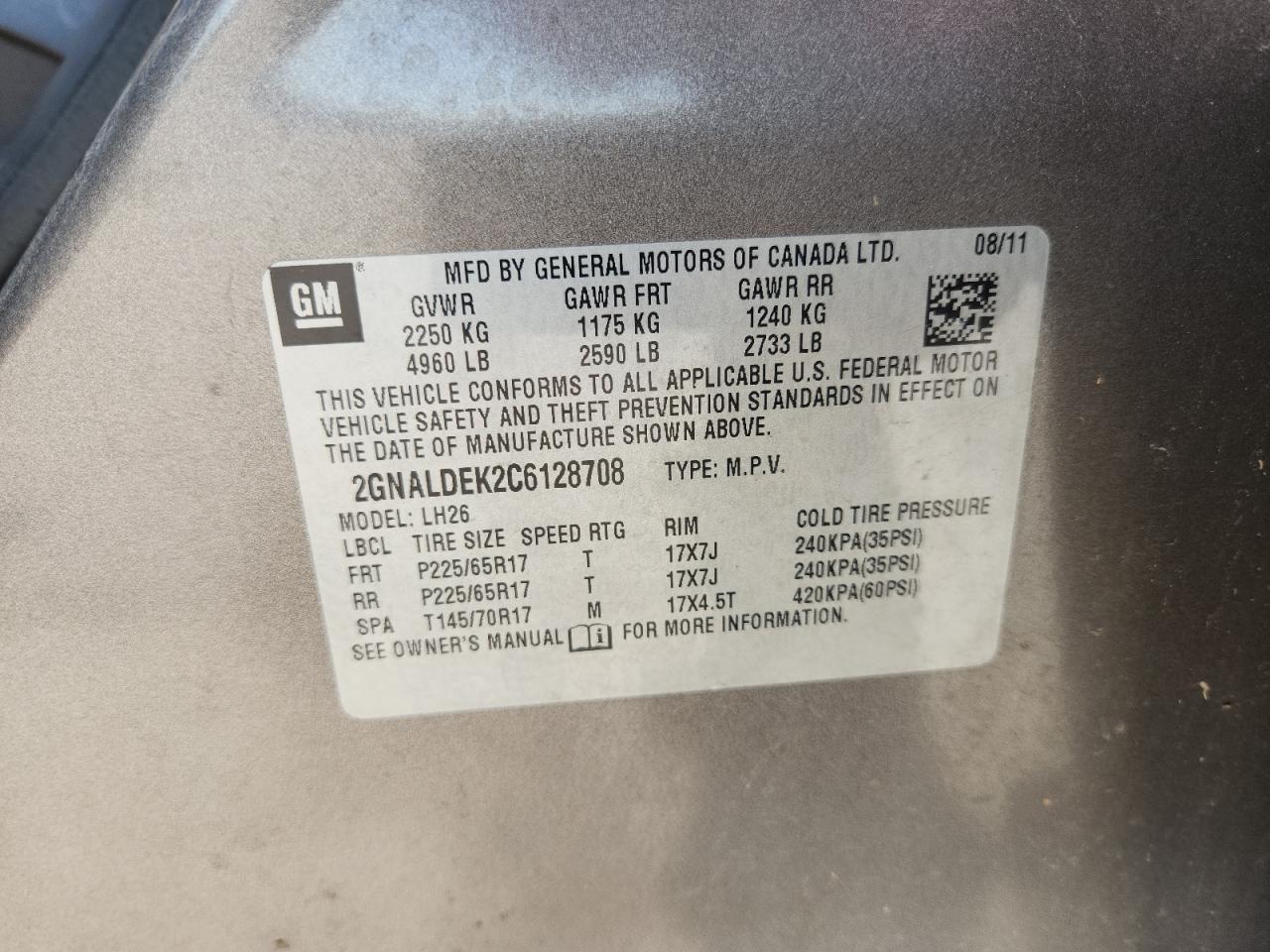 2012 Chevrolet Equinox Lt VIN: 2GNALDEK2C6128708 Lot: 82340305