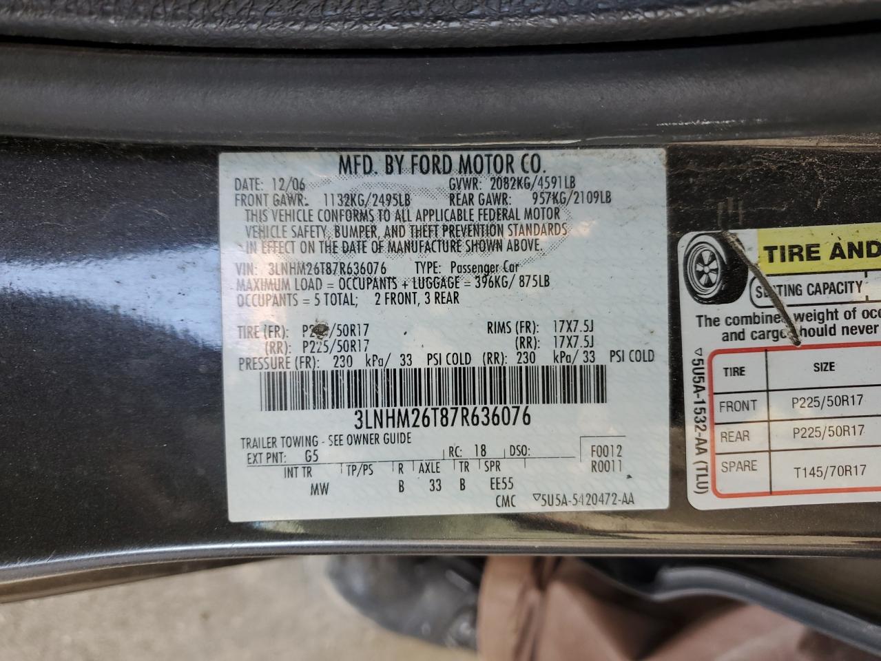 2007 Lincoln Mkz VIN: 3LNHM26T87R636076 Lot: 82463605