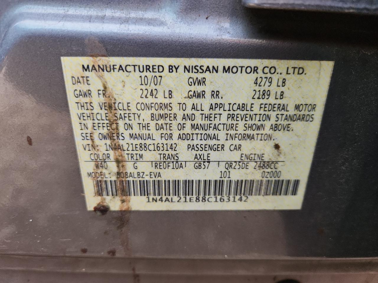 2008 Nissan Altima 2.5 VIN: 1N4AL21E88C163142 Lot: 82367925