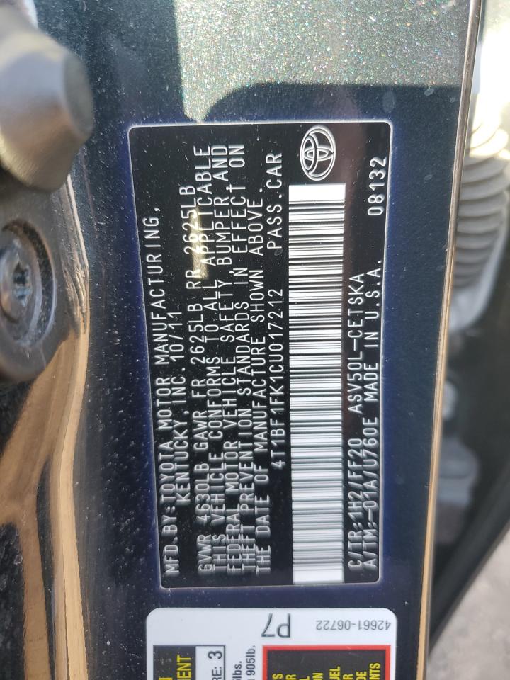 2012 Toyota Camry Base VIN: 4T1BF1FK1CU017212 Lot: 85568745