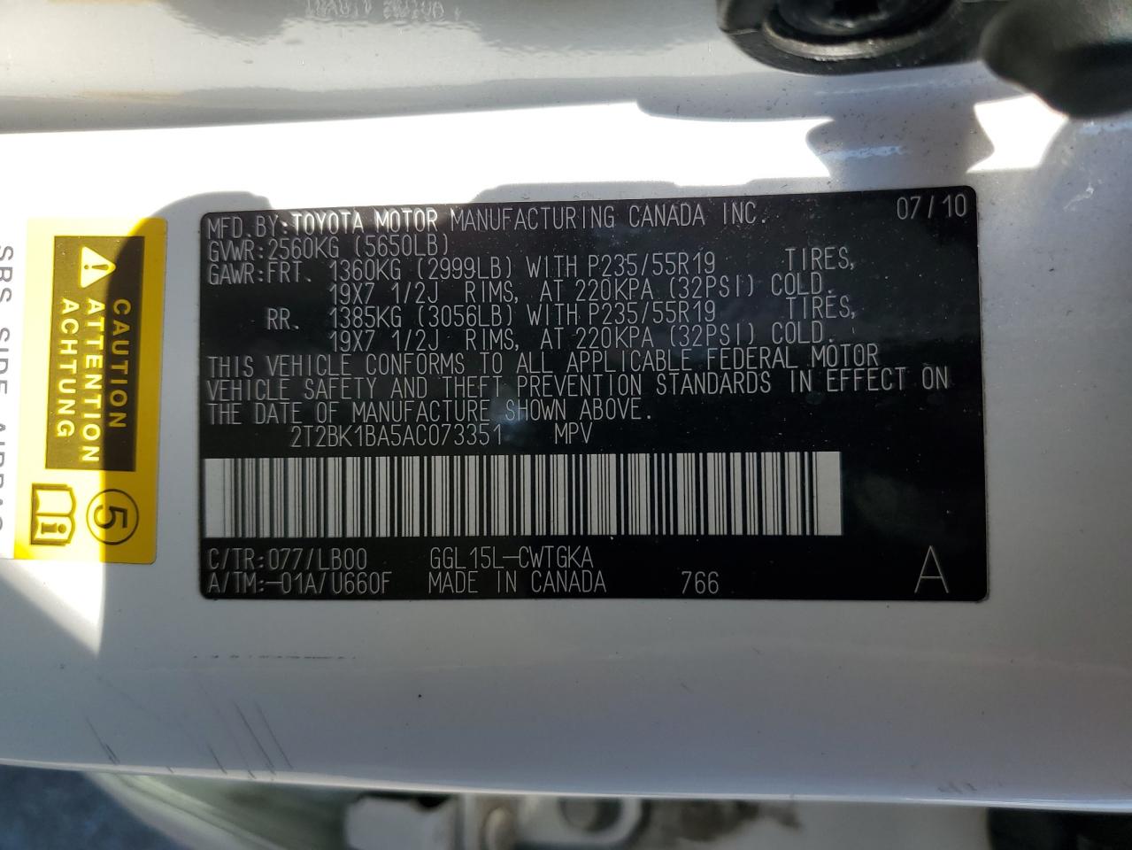 2010 Lexus Rx 350 VIN: 2T2BK1BA5AC073351 Lot: 82600075
