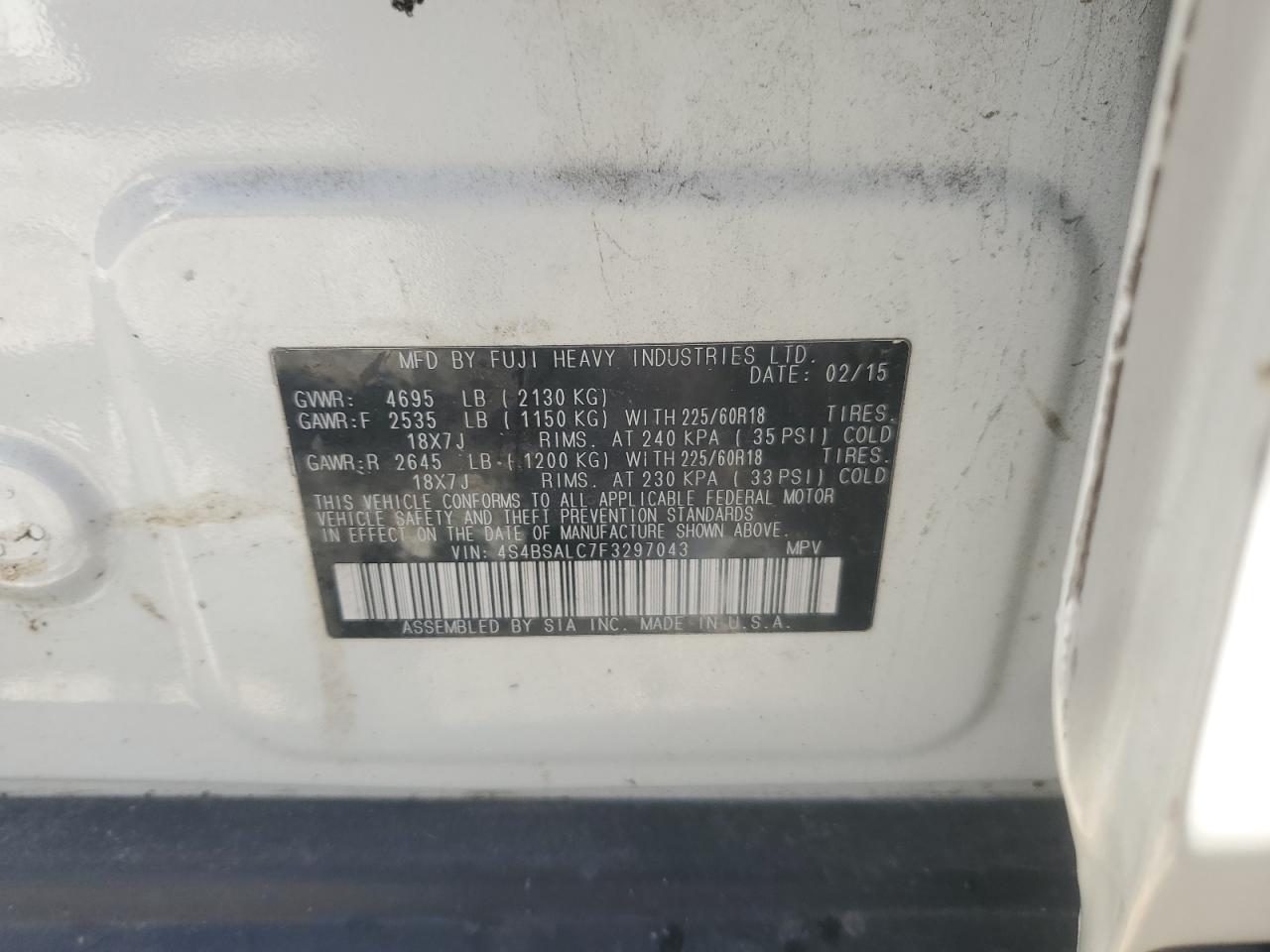 2015 Subaru Outback 2.5I Limited VIN: 4S4BSALC7F3297043 Lot: 85725975