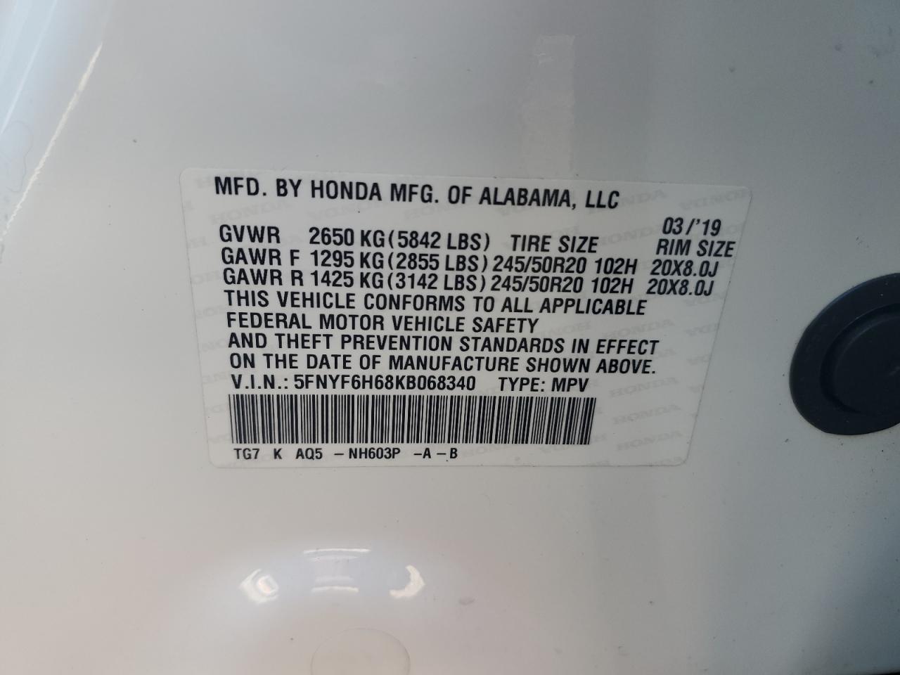 2019 Honda Pilot Touring VIN: 5FNYF6H68KB068340 Lot: 60292585