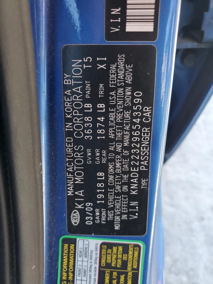 2009 Kia Rio Base VIN: KNADE223296543590 Lot: 89835285