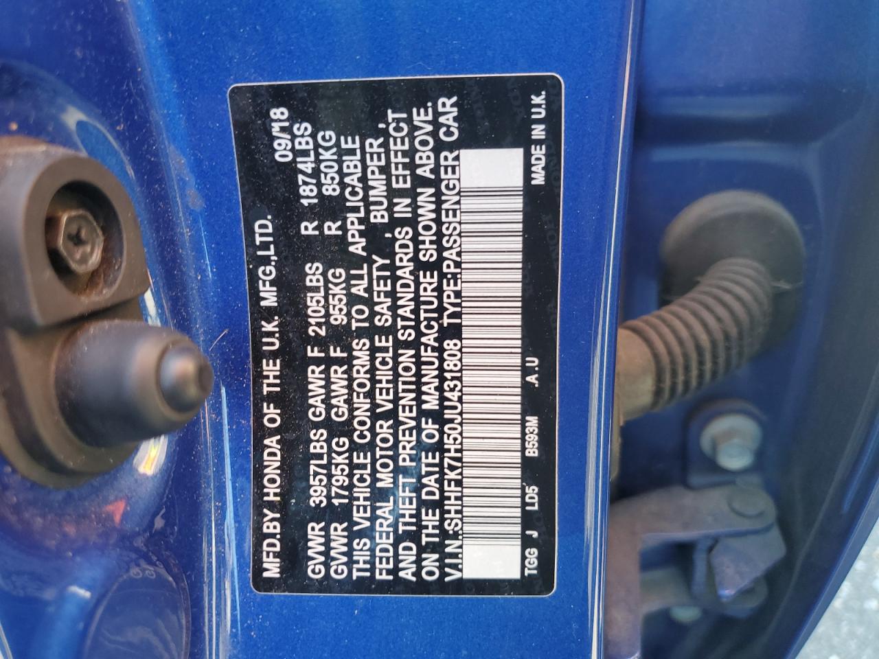 2018 Honda Civic Ex VIN: SHHFK7H50JU431808 Lot: 84810335