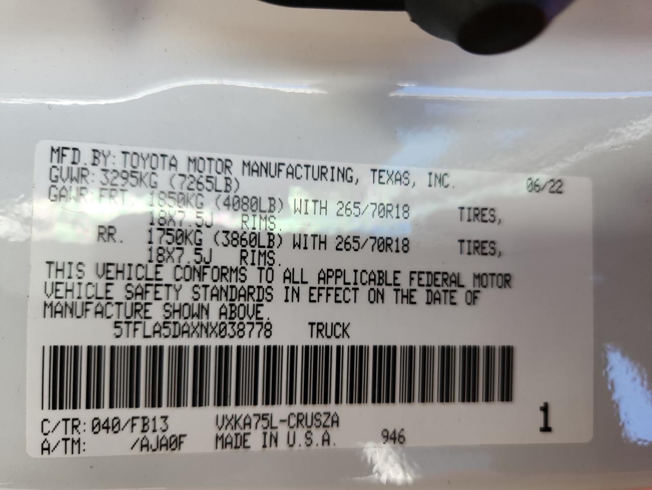 2022 Toyota Tundra Double Cab Sr VIN: 5TFLA5DAXNX038778 Lot: 90663125