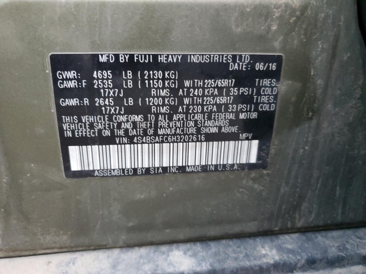 2017 Subaru Outback 2.5I Premium VIN: 4S4BSAFC6H3202616 Lot: 85380835