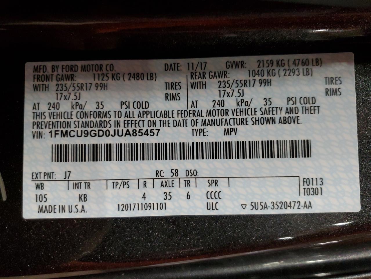 2018 Ford Escape Se VIN: 1FMCU9GD0JUA85457 Lot: 85150175