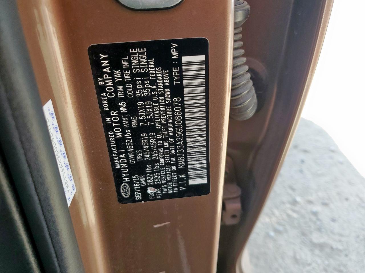 2016 Hyundai Tucson Limited VIN: KM8J33A29GU086078 Lot: 84643205