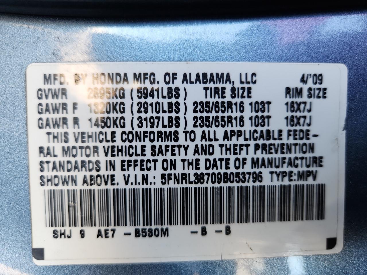 2009 Honda Odyssey Exl VIN: 5FNRL38709B053796 Lot: 84987985