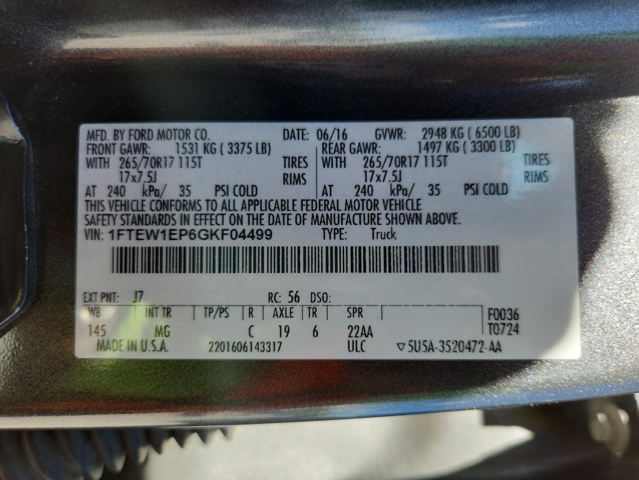 2016 Ford F150 Supercrew VIN: 1FTEW1EP6GKF04499 Lot: 85177785