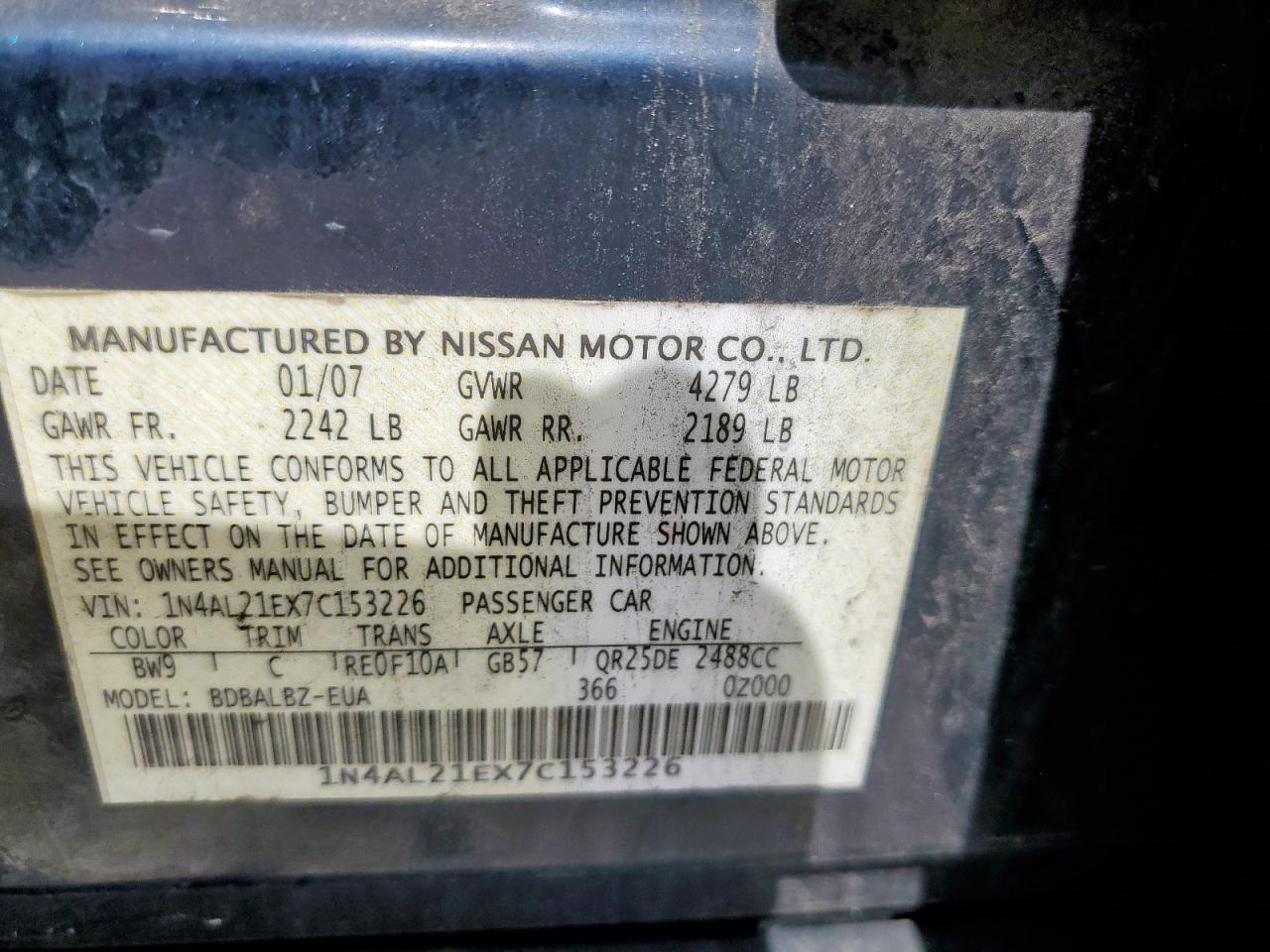 2007 Nissan Altima 2.5 VIN: 1N4AL21EX7C153226 Lot: 83845805