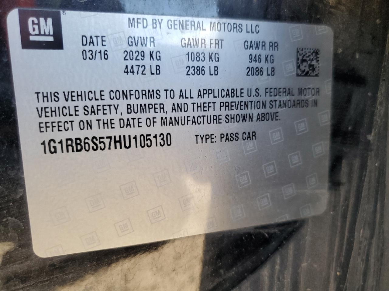 2017 Chevrolet Volt Premier VIN: 1G1RB6S57HU105130 Lot: 85167105