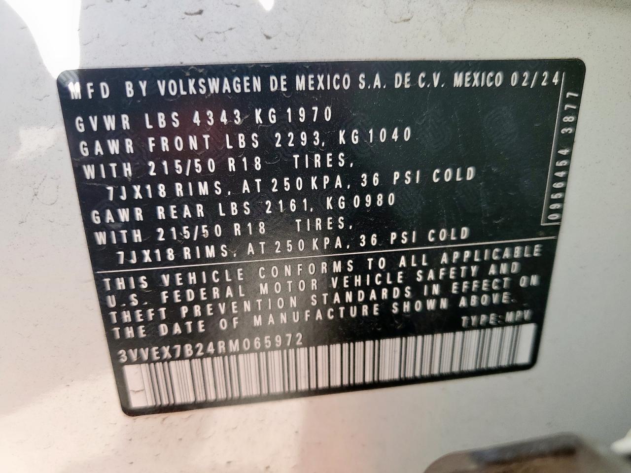 2024 Volkswagen Taos Se VIN: 3VVEX7B24RM065972 Lot: 85296065