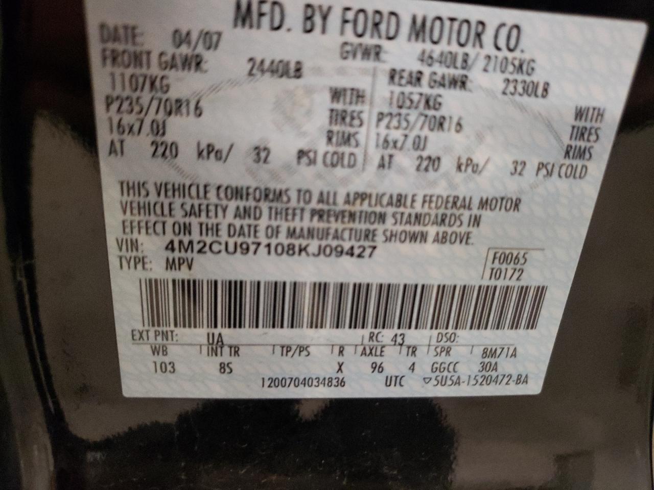 2008 Mercury Mariner Premier VIN: 4M2CU97108KJ09427 Lot: 85684415