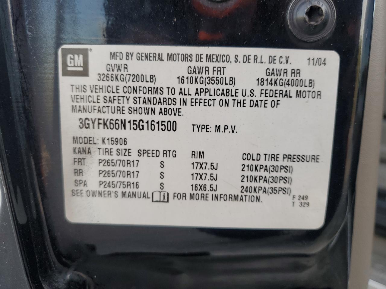 2005 Cadillac Escalade Esv VIN: 3GYFK66N15G161500 Lot: 82533535