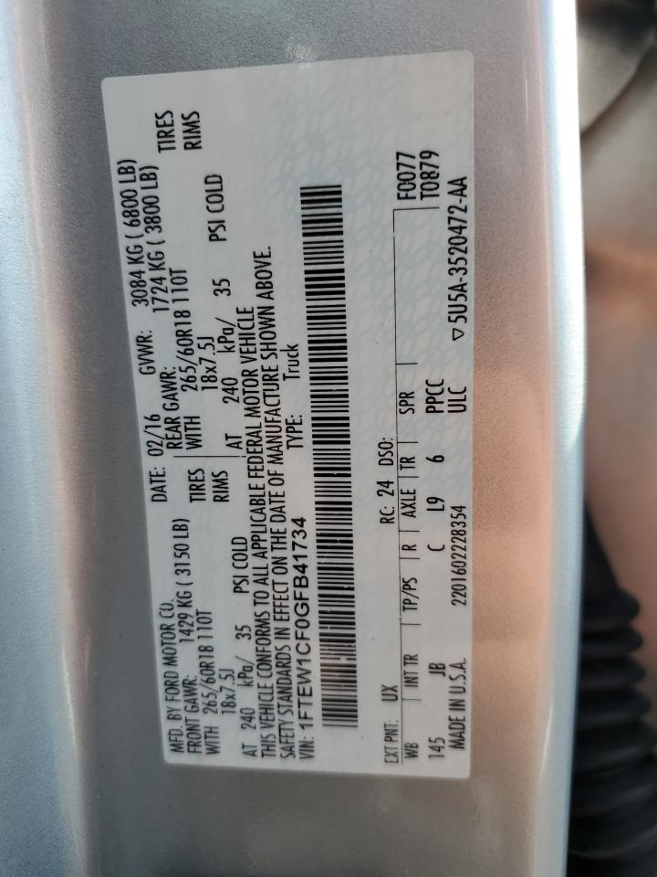 2016 Ford F150 Supercrew VIN: 1FTEW1CF0GFB41734 Lot: 82176155