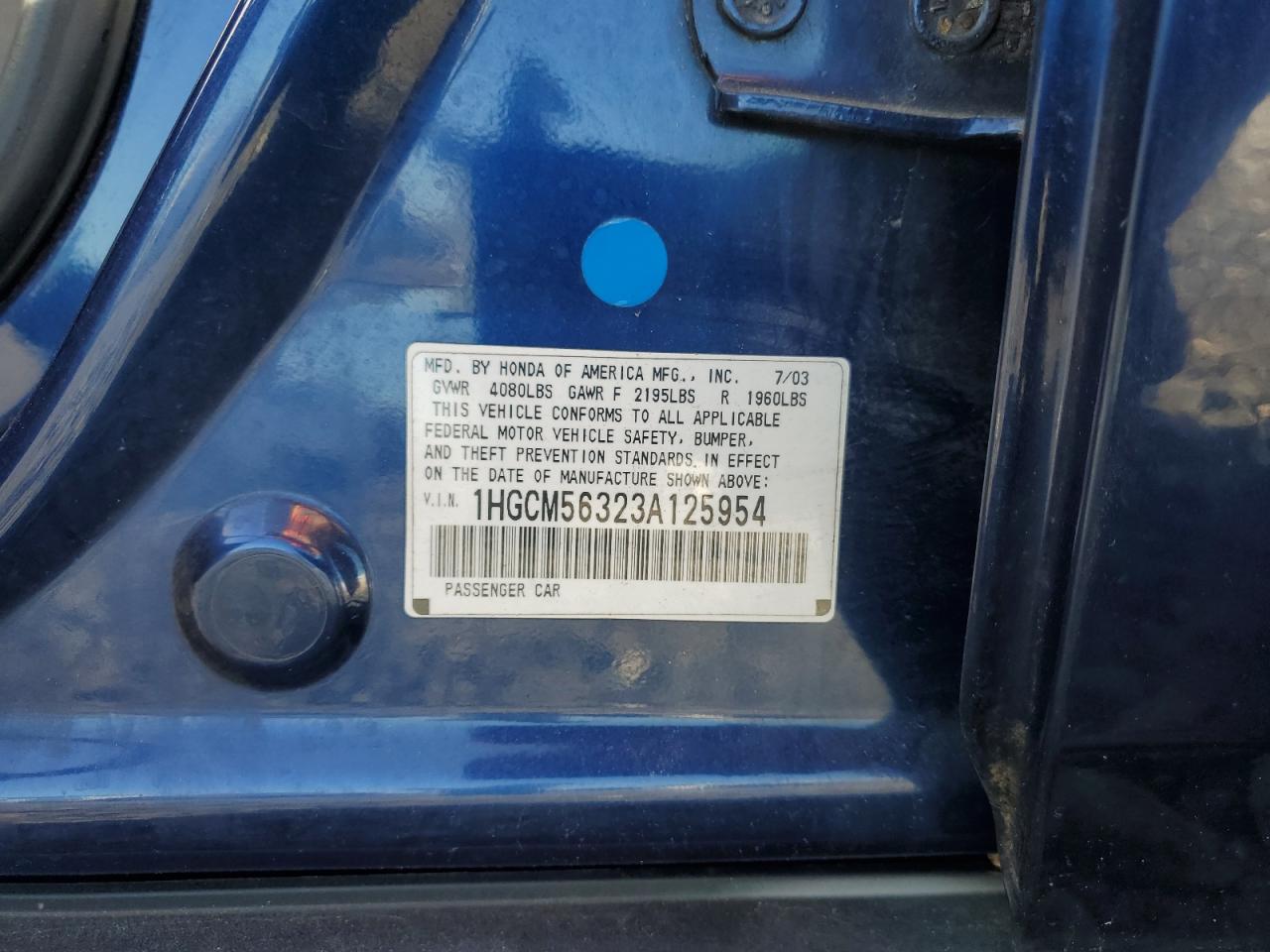 2003 Honda Accord Lx VIN: 1HGCM56323A125954 Lot: 84200665