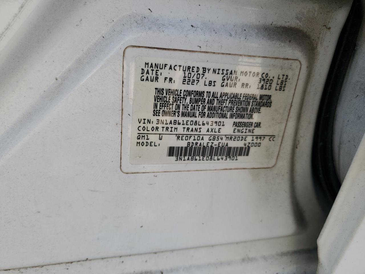 2008 Nissan Sentra 2.0 VIN: 3N1AB61E08L643901 Lot: 85107505