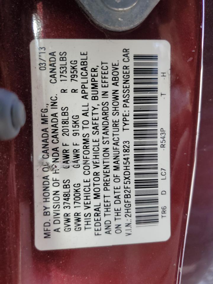 2013 Honda Civic Lx VIN: 2HGFB2F5XDH541823 Lot: 84192825