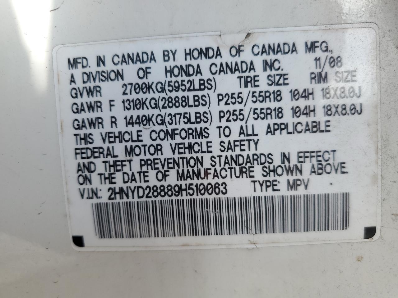 2009 Acura Mdx Sport VIN: 2HNYD28889H510063 Lot: 84700165