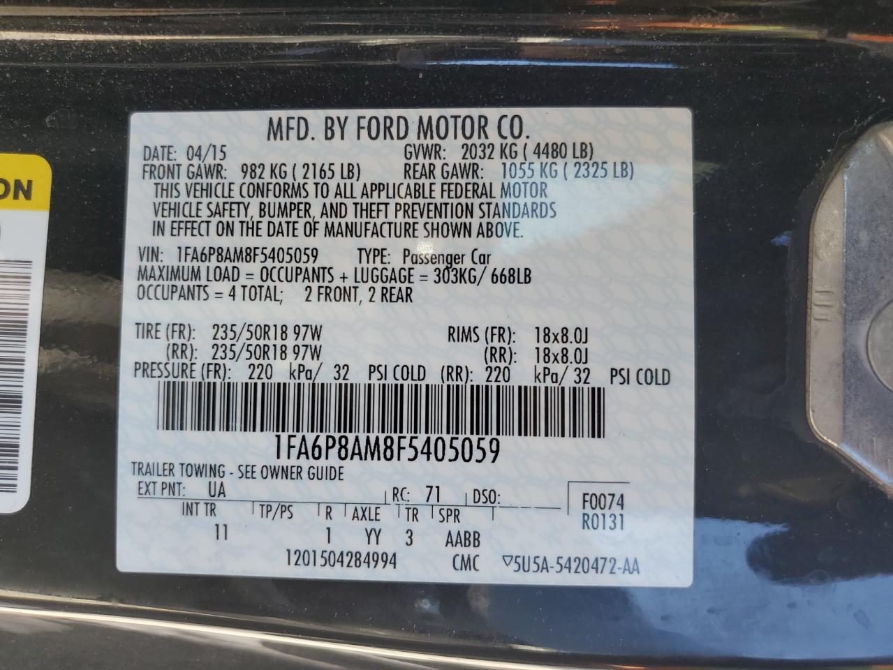 2015 Ford Mustang VIN: 1FA6P8AM8F5405059 Lot: 89826105