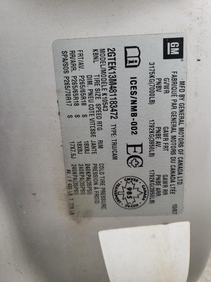 2008 GMC Sierra K1500 VIN: 2GTEK13M481183472 Lot: 90862775