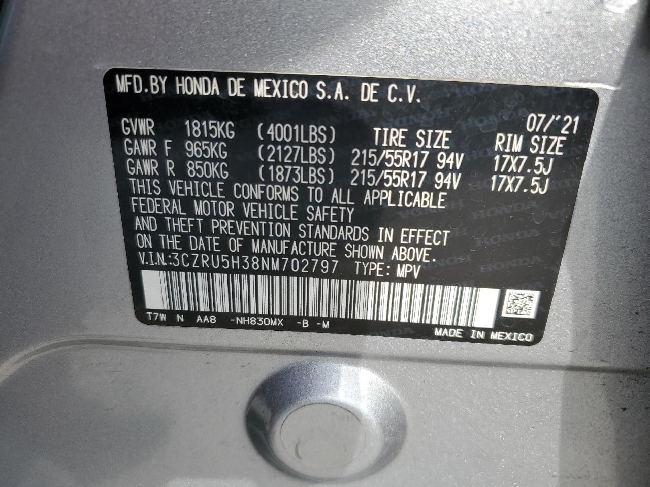2022 Honda Hr-V Lx VIN: 3CZRU5H38NM702797 Lot: 86256855