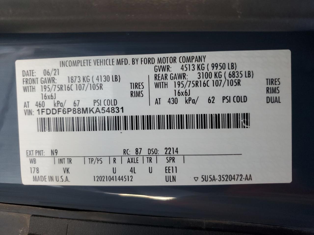 2021 Ford Transit Delivery Truck VIN: 1FDDF6P88MKA54831 Lot: 86989385