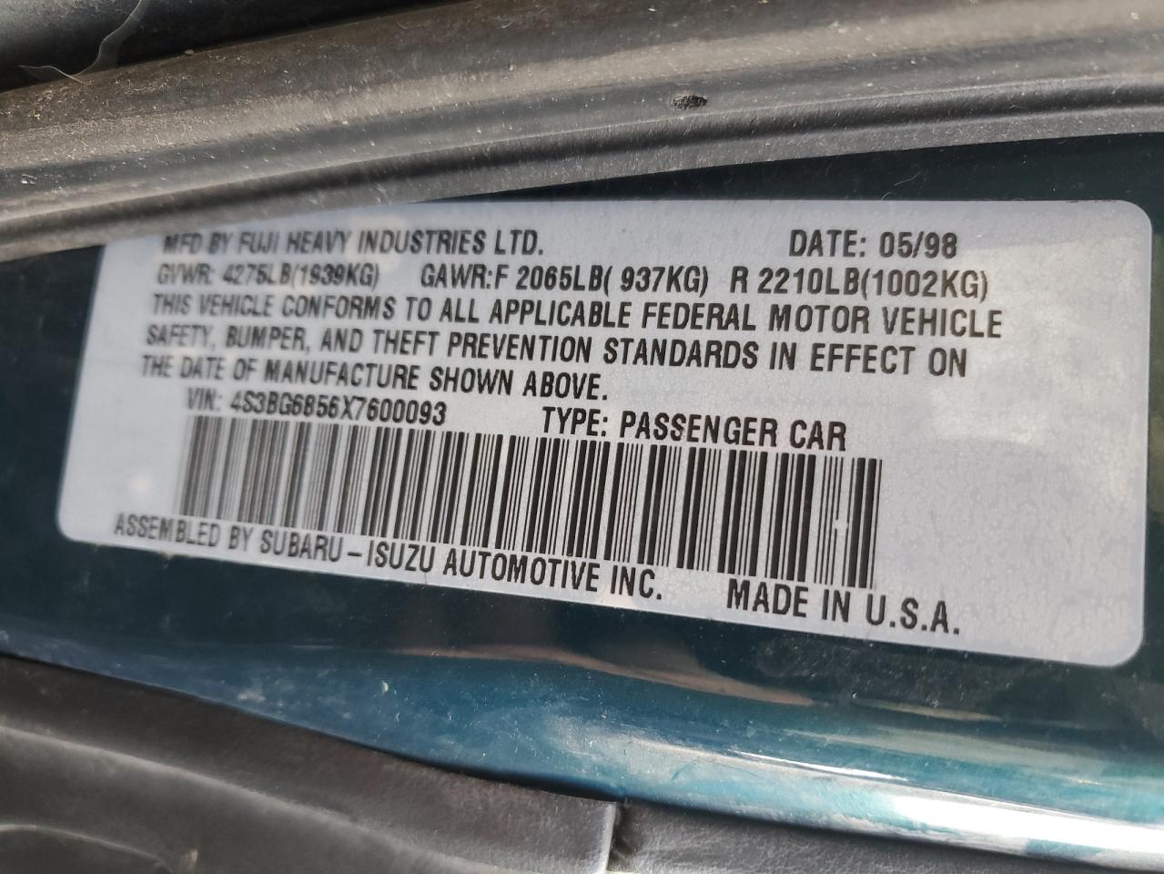 1999 Subaru Legacy Outback VIN: 4S3BG6856X7600093 Lot: 90284255