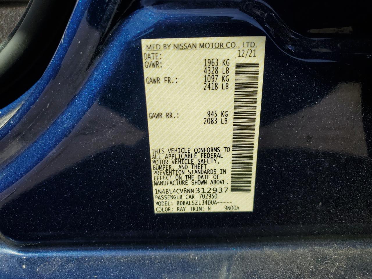 2022 Nissan Altima Sr VIN: 1N4BL4CV8NN312937 Lot: 82750305