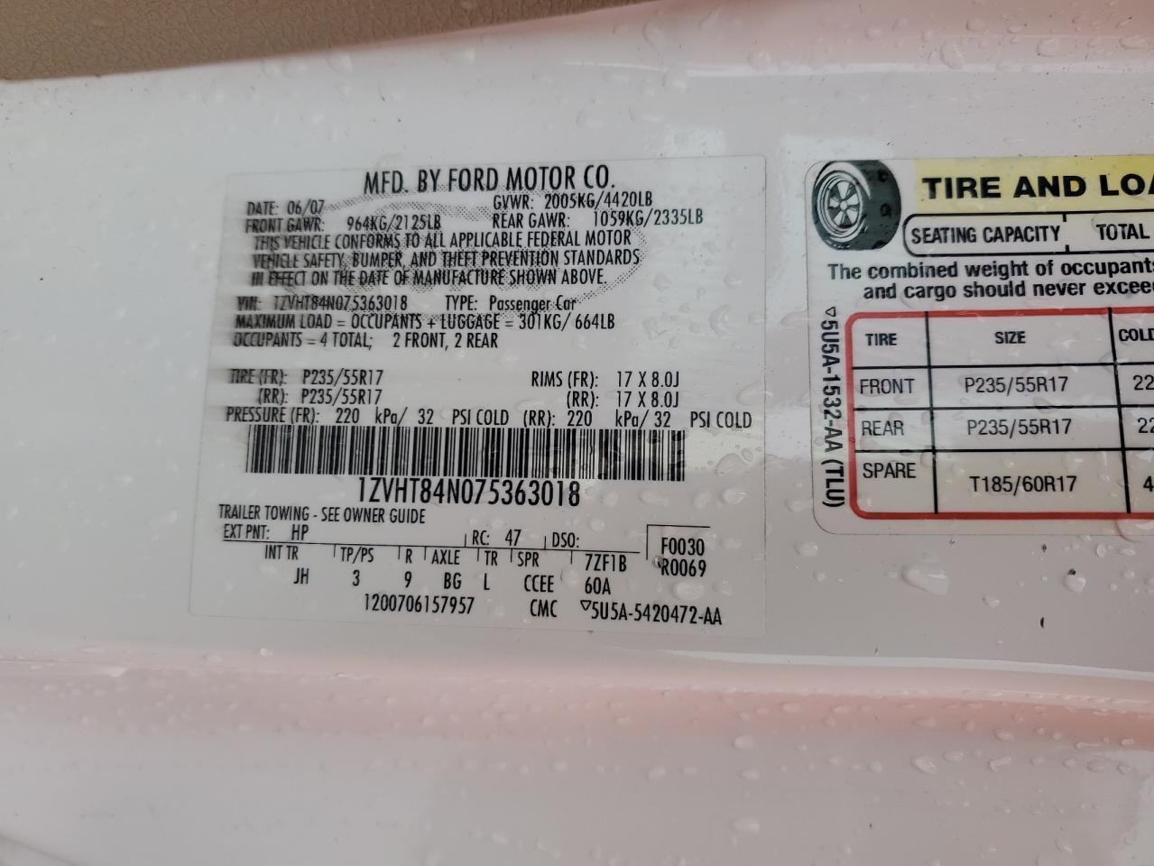 2007 Ford Mustang VIN: 1ZVHT84N075363018 Lot: 90614595