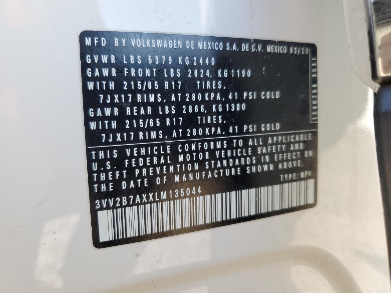 2020 Volkswagen Tiguan Se VIN: 3VV2B7AXXLM135044 Lot: 85884855