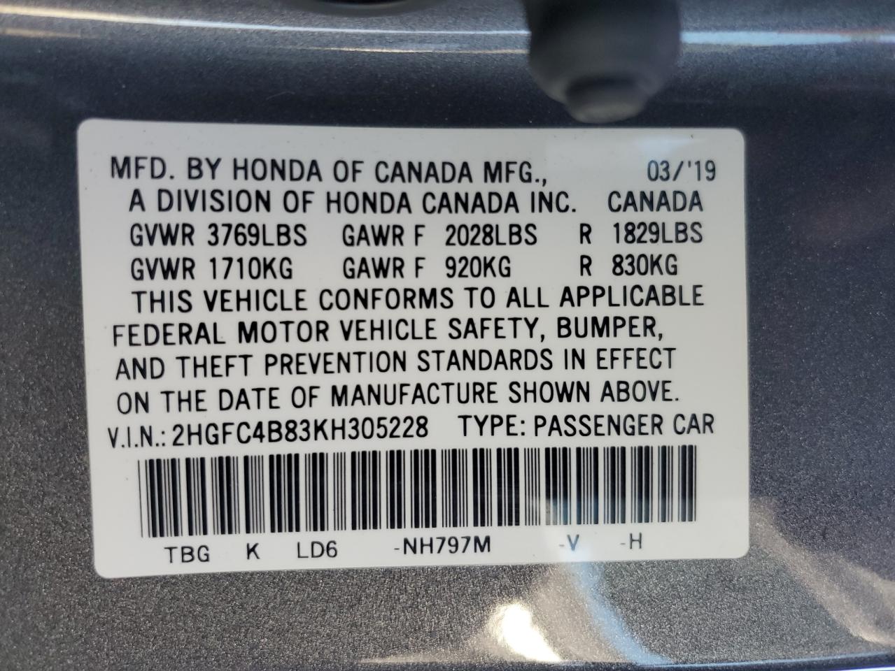 2019 Honda Civic Sport VIN: 2HGFC4B83KH305228 Lot: 84816345