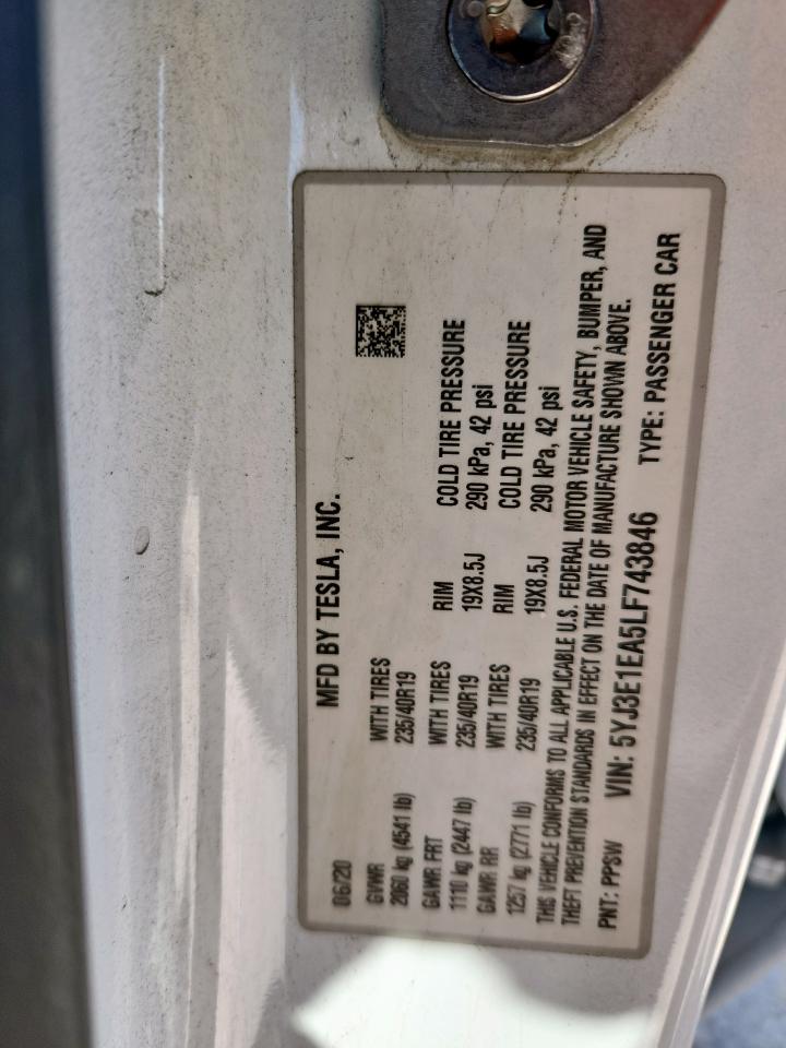2020 Tesla Model 3 VIN: 5YJ3E1EA5LF743846 Lot: 89911795