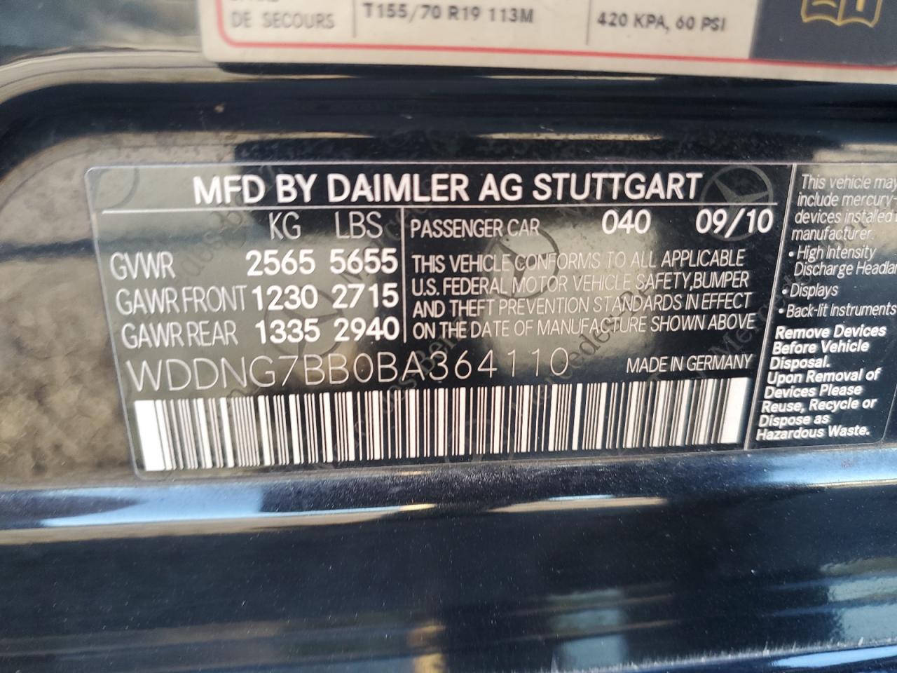 2011 Mercedes-Benz S 550 VIN: WDDNG7BB0BA364110 Lot: 86197625