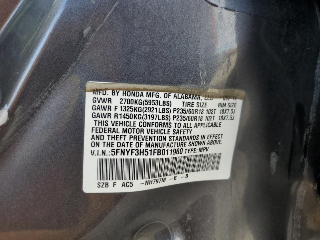 2015 Honda Pilot Exl VIN: 5FNYF3H51FB011960 Lot: 84798005