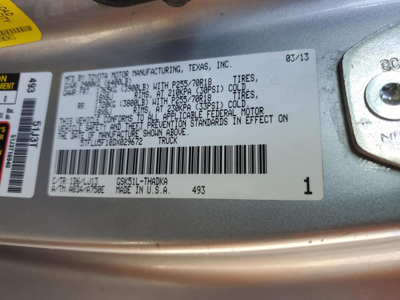 2013 Toyota Tundra VIN: 5TFLU5F10DX029672 Lot: 84625855