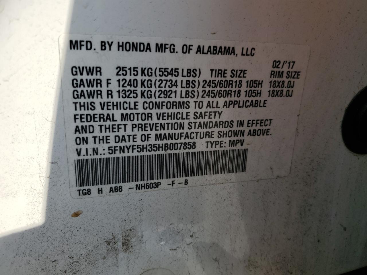 2017 Honda Pilot Ex VIN: 5FNYF5H35HB007858 Lot: 90650745