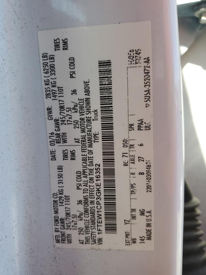 2016 Ford F150 Supercrew VIN: 1FTEW1CP3GKE16352 Lot: 87090925