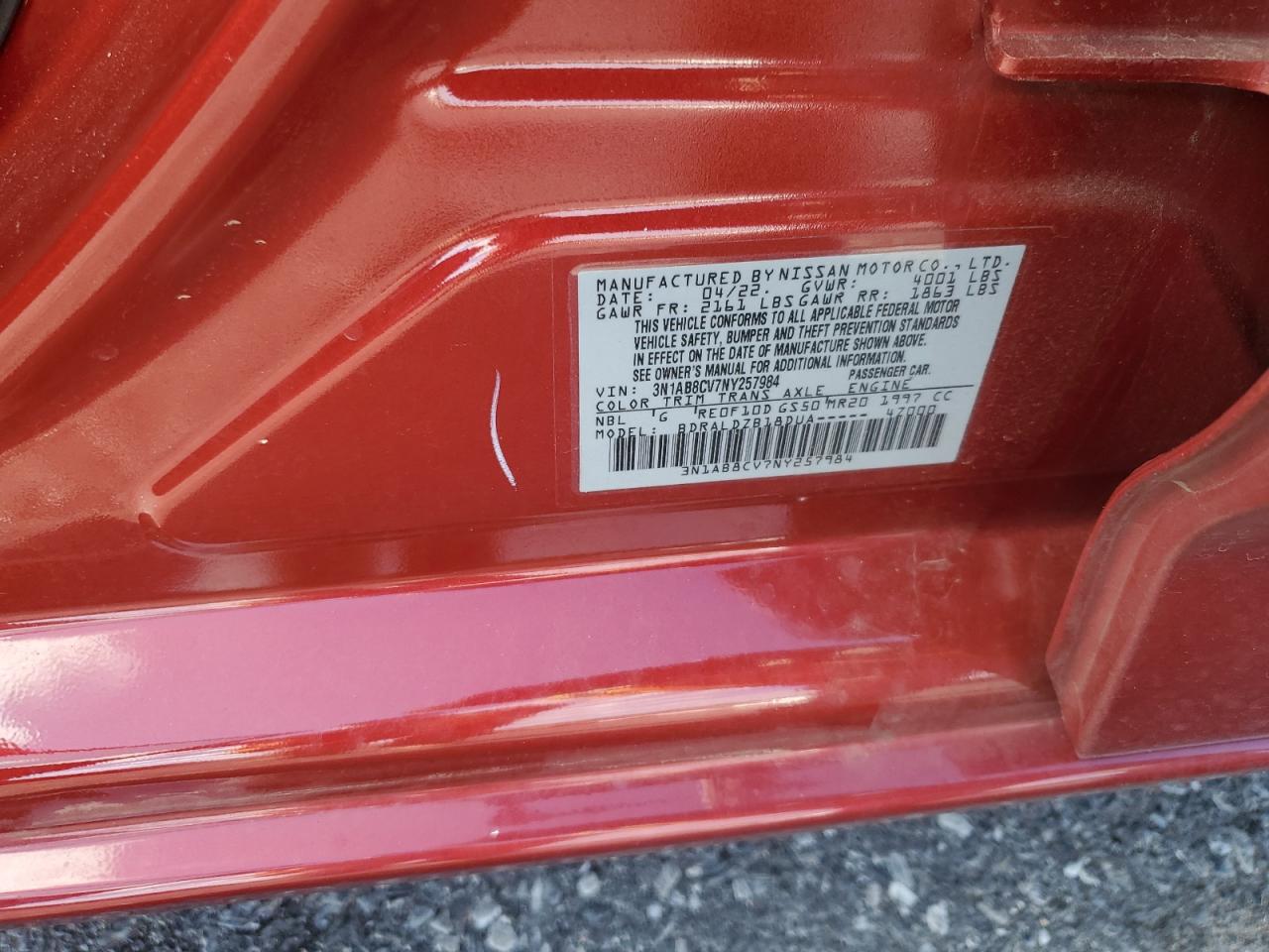 2022 Nissan Sentra Sv VIN: 3N1AB8CV7NY257984 Lot: 86186595